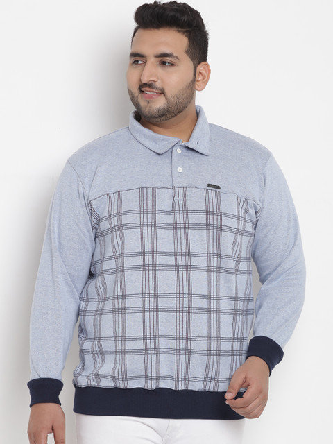 

John Pride Plus Size Men Blue Checked Sweatshirt