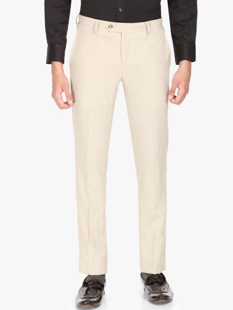 

SUITLTD Men Cream-Coloured Slim Fit Solid Linen Formal Trousers