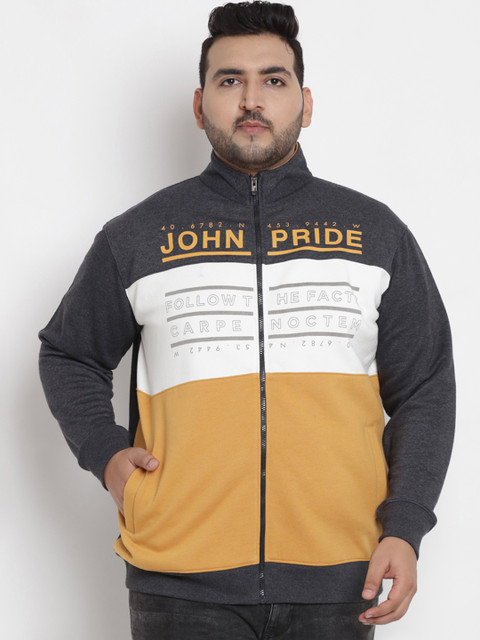 

John Pride Plus Size Men Grey White Colourblocked Sweatshirt