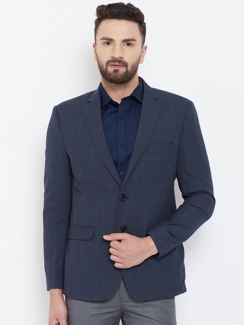 

Canary London Men Navy Blue Checked Slim-Fit Single-Breasted Blazer