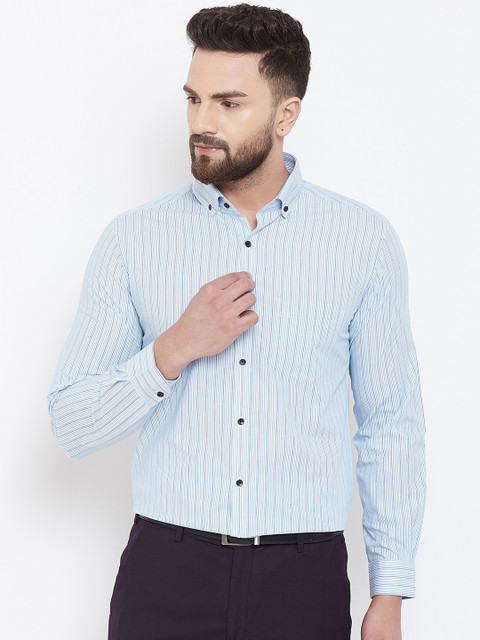 

Canary London Men Turquoise Blue Smart Slim Fit Striped Formal Shirt