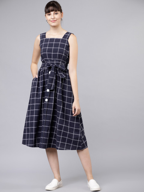 

Tokyo Talkies Women Checked Navy Blue Fit and Flare Dress