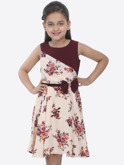 

CUTECUMBER Girls Cream-Coloured & Maroon Fit and Flare Dress
