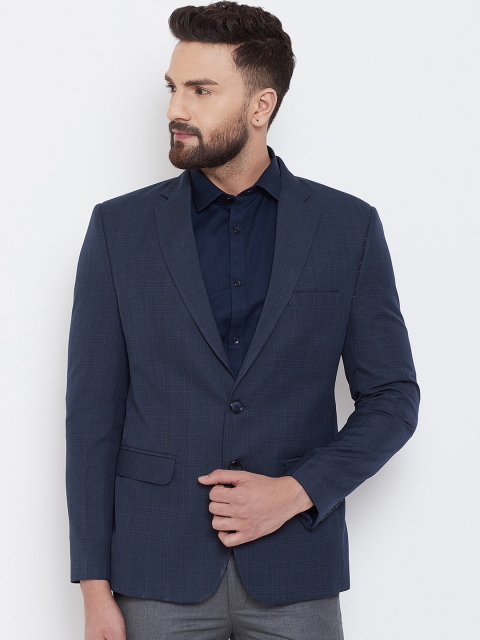 

Canary London Men Navy Blue Checked Slim-Fit Single-Breasted Blazer