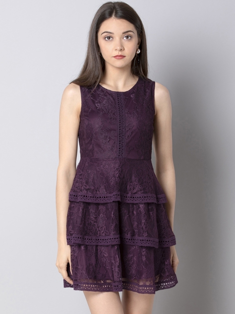 

FabAlley Women Self Design Purple Fit and Flare Dress