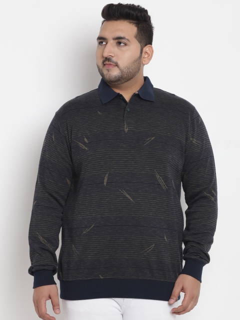 

John Pride Plus Size Men Olive Green Navy Blue Striped Sweatshirt