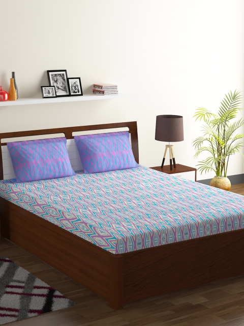 

BOMBAY DYEING Purple & Blue Geometric 104 TC Cotton 1 King Bedsheet with 2 Pillow Covers