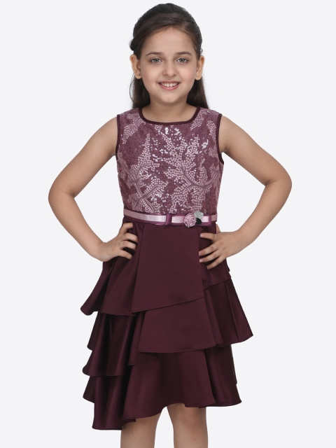 

CUTECUMBER Girls Burgundy Floral Embellished Fit and Flare Dress