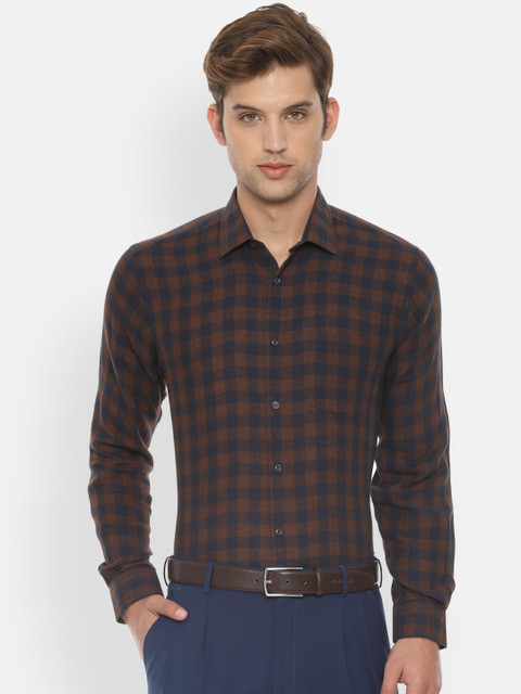 

Van Heusen Men Brown & Black Pure Linen Regular Fit Checked Formal Shirt