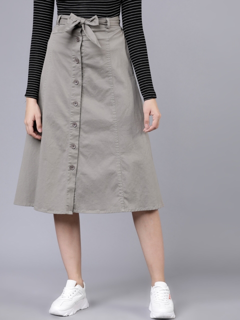 

Tokyo Talkies Women Grey Solid Midi A-line Skirt