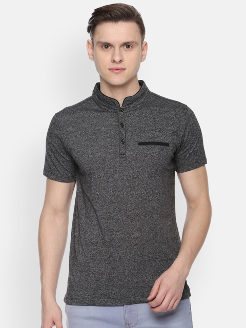 

V Dot Men Grey Solid Mandarin Collar Slim Fit T-shirt