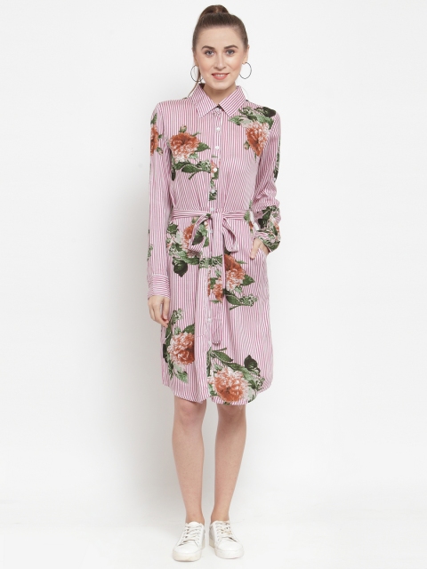 

Color Cocktail Women Pink & White Striped Floral Print Shirt Dress