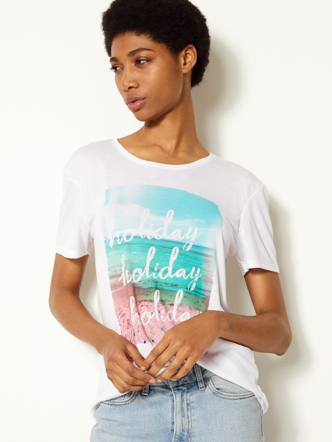 

Marks & Spencer Women White Printed Round Neck T-shirt
