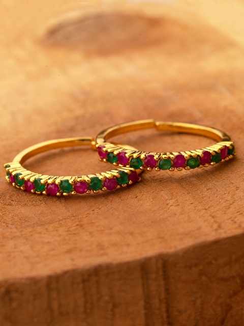 

Voylla Women Set of 2 Brass-Plated Gold-Toned & Pink CZ-Studded Toe Rings