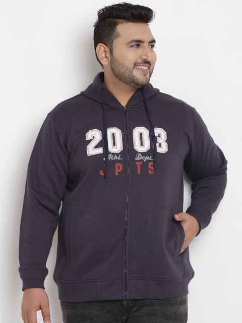 

John Pride Plus Size Men Blue Embroidered Hooded Sweatshirt