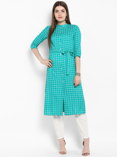 

ETHNIC STREET Women Turquoise Blue Checked Straight Kurta