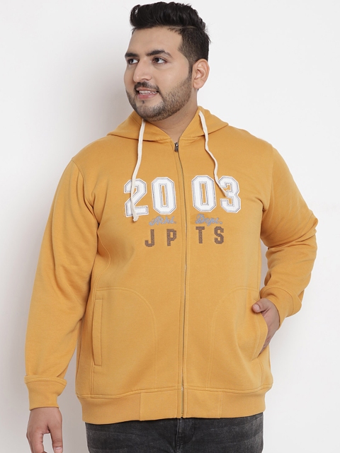 

John Pride Plus Size Men Mustard Yellow Embroidered Hooded Sweatshirt