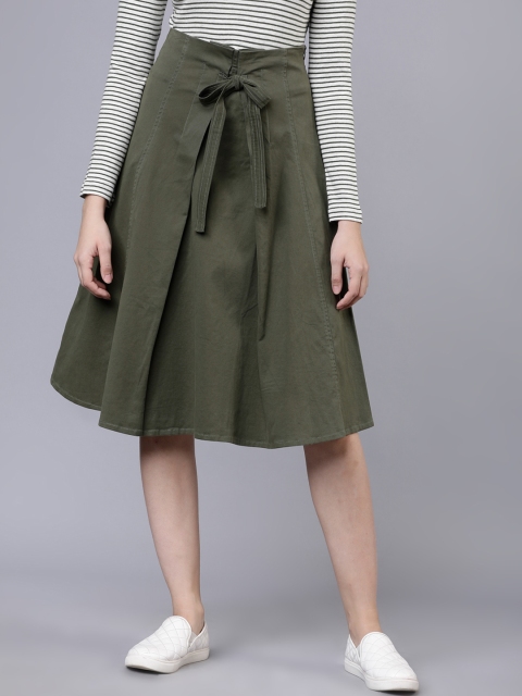 

Tokyo Talkies Women Olive Green Solid Midi A-line Skirt
