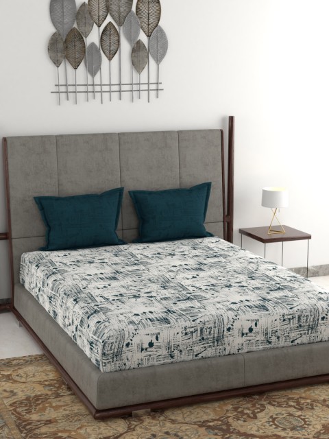 

Trident White & Teal Blue Graphic 130 TC Cotton 1 Queen Bedsheet with 2 Pillow Covers