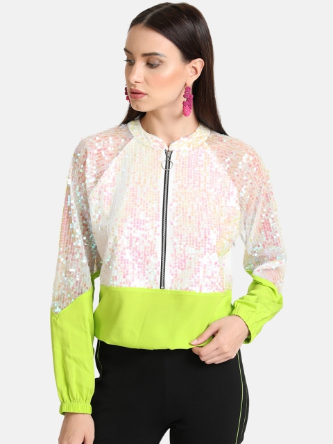 

Kazo Women White Colourblocked Sequinned Bomber Jacket