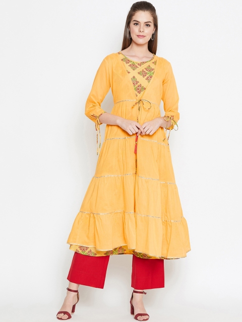 

Prakhya Women Yellow Printed A-Line Layered Tiered Kurta