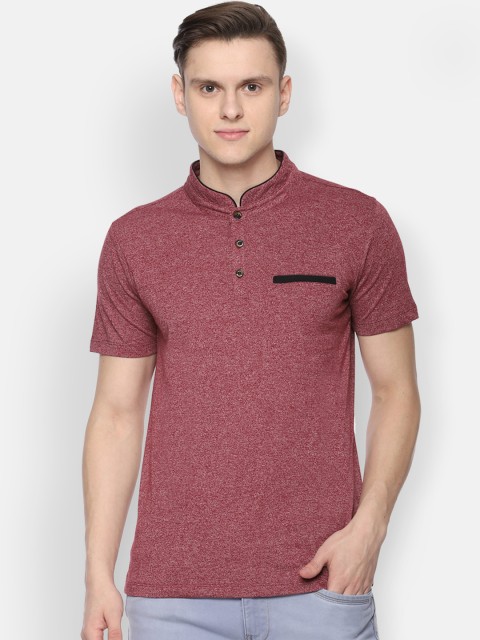 

V Dot Men Maroon Solid Mandarin Collar Slim Fit T-shirt