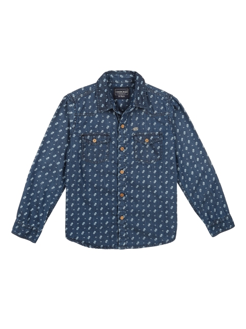 

Cherokee Boys Blue Chambray Weave Regular Fit Printed Casual Shirt
