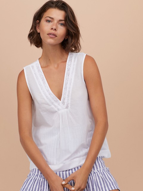 

H&M Women White Solid Sleeveless Blouse With Lace