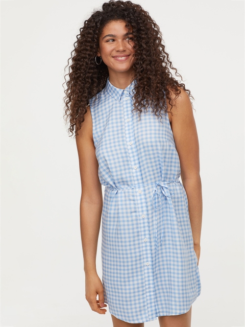 

H&M Women Blue & White Checked Sleeveless Shirt Dress