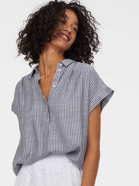 

H&M Women Blue Striped Blouse With Dolman Sleeves