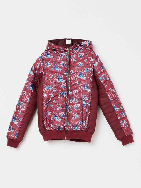 

Bossini Girls Burgundy & Blue Printed Hooded Bomber Jacket