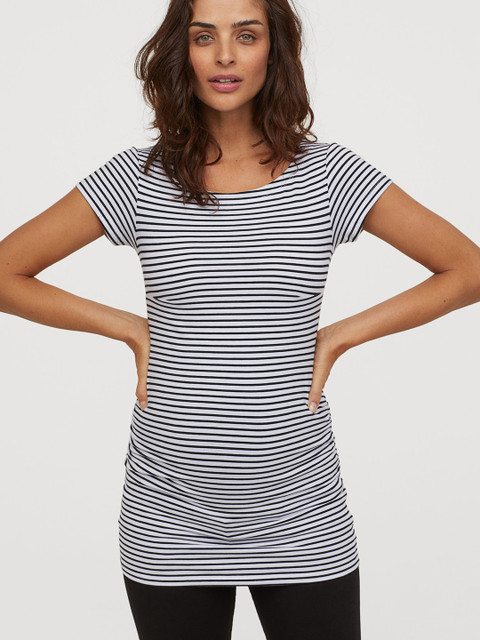 

H&M Women White and Black Striped MAMA Jersey Sustainable Pure Cotton Top