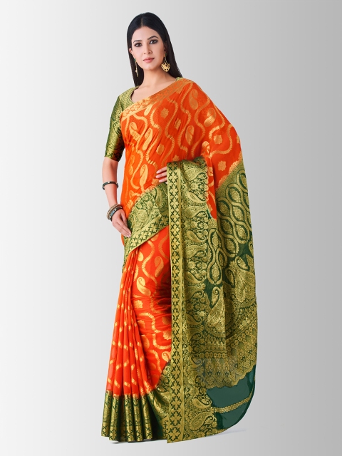 

MIMOSA Orange & Green Poly Chiffon Woven Design Kanjeevaram Saree