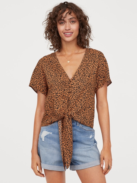 

H&M Women Orange & Black Printed V-Neck Tie-Hem Blouse
