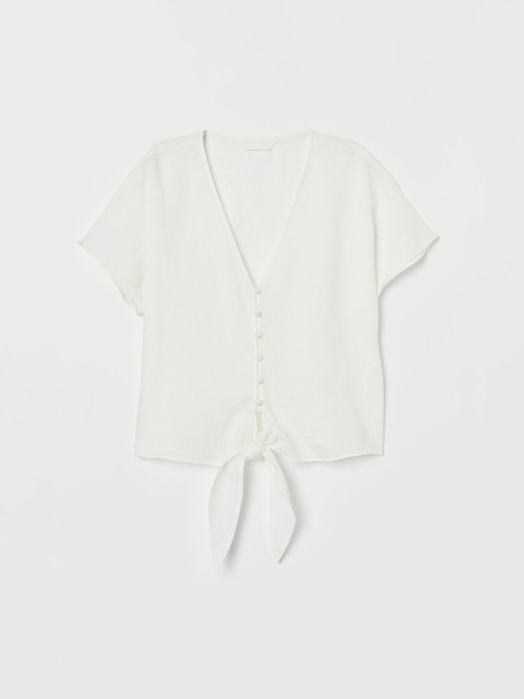 

H&M Women White Solid V-Neck Tie-Hem Blouse