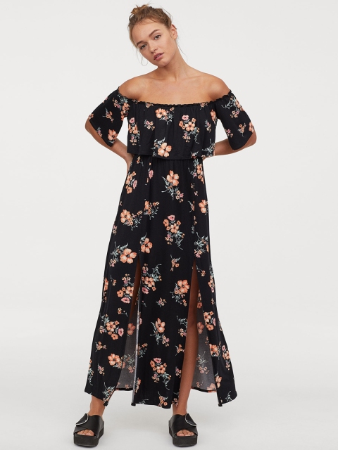 

H&M Women Black Floral Printed Maxi Dress With A Flounce