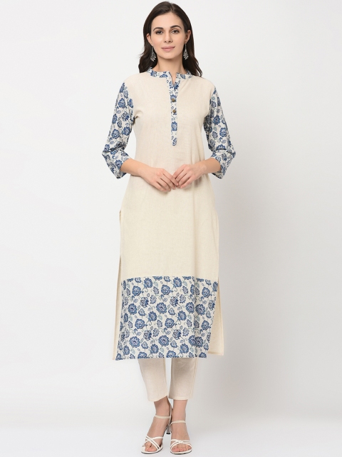 

ZIYAA Women Off-White & Blue Printed Straight Kurta