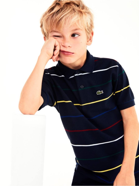 

Lacoste Boys Navy Blue & Yellow Striped Polo Collar T-shirt