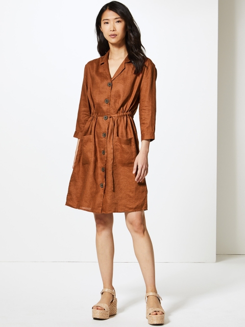 

Marks & Spencer Women Tan Brown Pure Linen Shirt Dress
