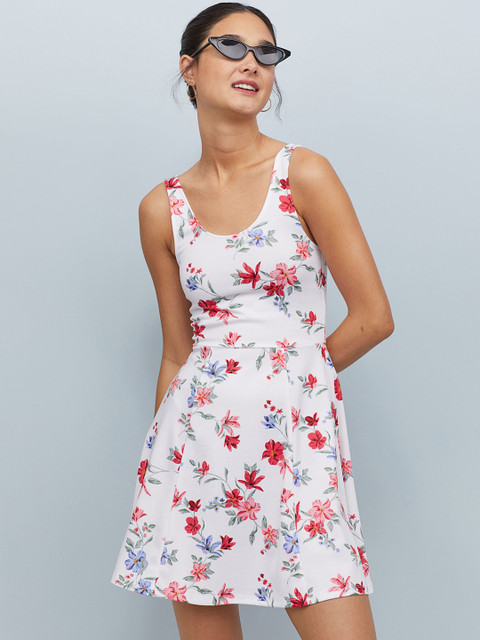 

H&M Women White & Blue Printed Sleeveless Jersey Dress