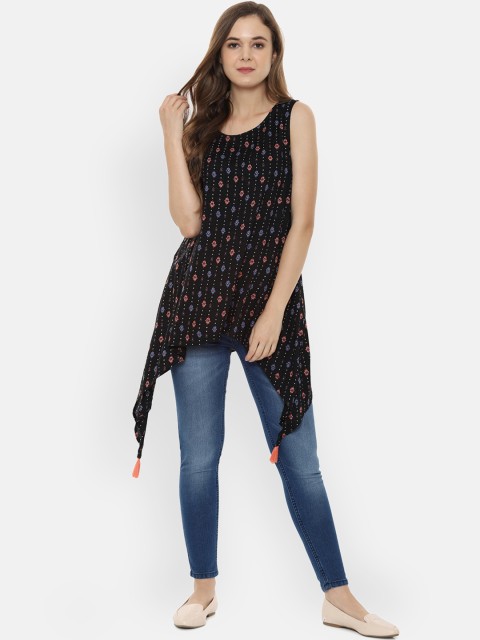 

People Women Black & Peach-Coloured Printed Tunic with Striped Detail