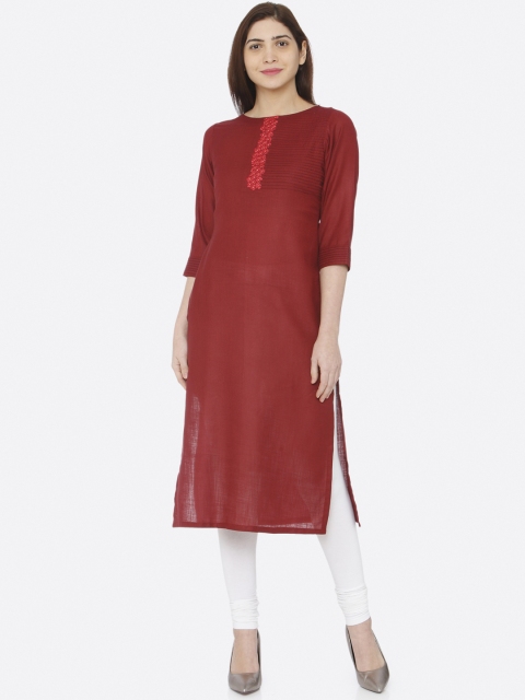 

RAISIN Women Maroon Embroidered Straight Kurta