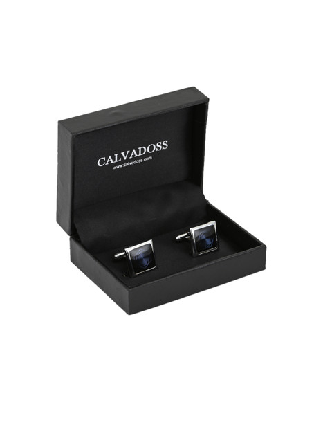 

Calvadoss Navy Blue Silver-Plated Printed Square Cufflinks