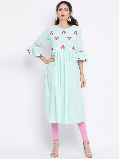 

Azira Women Sea Green & White Checked A-Line Kurta