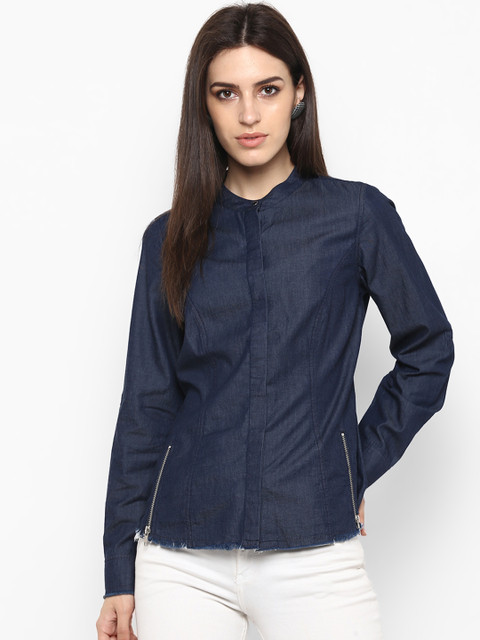 

FOSH Women Blue Comfort Regular Fit Solid Casual Shirt