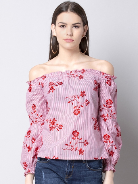 

FabAlley Women Red Floral Embroidered Striped Bardot Top