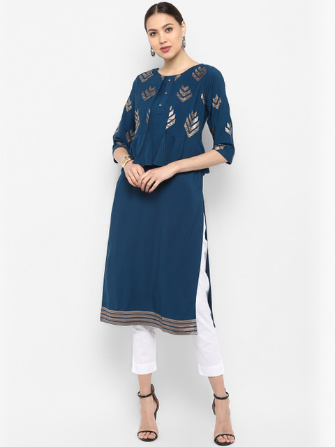 

Janasya Women Teal Blue Foil Printed Straight Kurta