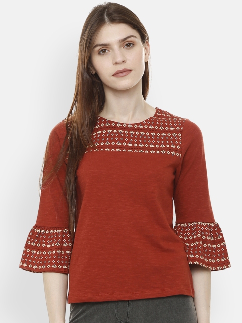 

People Women Brown Printed A-Line Pure Cotton Top
