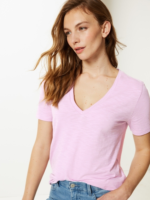 

Marks & Spencer Women Lavender Self Design V-Neck T-shirt