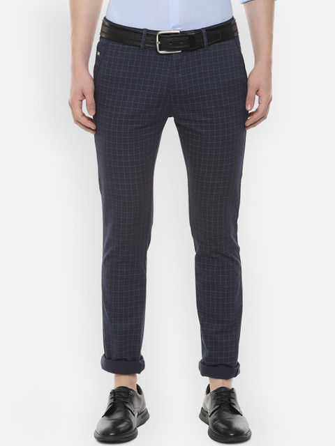 

V Dot Men Navy Blue Slim Fit Checked Regular Trousers